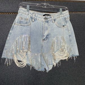 Diamanté fringe cut off shorts